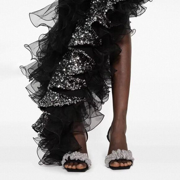 Black Halter Ruffle Sequin Gown - Asymmetrical Maxi Dress! - Picture 5 of 16